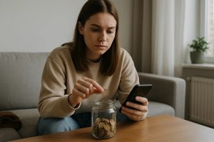 Eine junge Frau sitzt nachdenklich auf einem Sofa und hält ein Smartphone in der einen Hand, während sie mit der anderen Hand eine Münze in ein Glas voller Kleingeld legt. Die Szene vermittelt finanzielle Unsicherheit und zeigt typische Situationen des Sparens im Alltag. Das Bild eignet sich ideal zur Darstellung von tipps rund um Budgetplanung, Haushaltskosten oder persönliche Finanzstrategien.