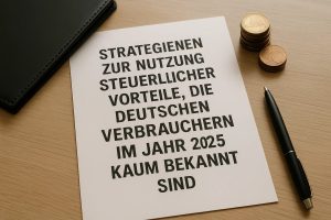 Ein Blatt Papier mit dem Titel „Strategien zur Nutzung steuerlicher Vorteile, die deutschen Verbrauchern im Jahr 2025 kaum bekannt sind“ liegt auf einem Holztisch. Daneben befinden sich ein schwarzes Notizbuch, gestapelte Euromünzen und ein schwarzer Stift. Die Szene vermittelt den Eindruck von finanzieller Planung und zeigt, wie wichtige steuerliche Tipps im Alltag organisiert und genutzt werden können.