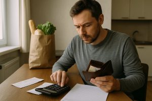 Ein Mann sitzt am Küchentisch und überprüft konzentriert seine finanzen, während er eine Geldbörse in der einen Hand hält und mit der anderen Hand auf einem Taschenrechner tippt. Neben ihm liegen Quittungen und ein Blatt Papier, im Hintergrund steht eine Einkaufstüte mit frischen Lebensmitteln. Die Szene vermittelt finanzielle Belastung und alltägliche Budgetplanung.