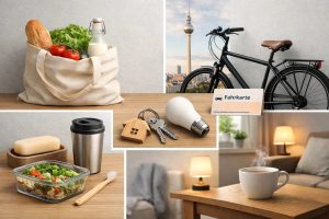 Collage mit Alltagsszenen wie Einkaufen mit Stofftasche, Fahrradfahren in der Stadt, energiesparender Beleuchtung, selbstgemachten Mahlzeiten und bewussten Konsumgewohnheiten, die praktische Tipps zeigen, wie kleine Veränderungen im Alltag die monatlichen Ausgaben in deutschen Großstädten um bis zu 20 % senken können.